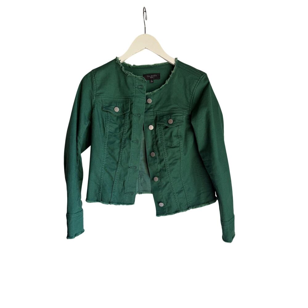 Talbots Petite SP Green Cropped Denim Jacket Raw Hem Stretch Jean Jacket